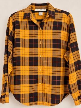 Vintage Michelle Stuart Yellow Black Plaid Satin Blouse Size 12 Punk Prep